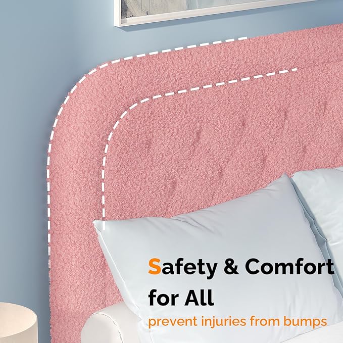 VINGLI Cloud Queen Bed Frame with Boucle Headboard,Cozy Soft Platform Bed with Wooden Slats, Cute Fabric Headboard, Cream Modern Style,Noise Free,Rounded Corners,Pink