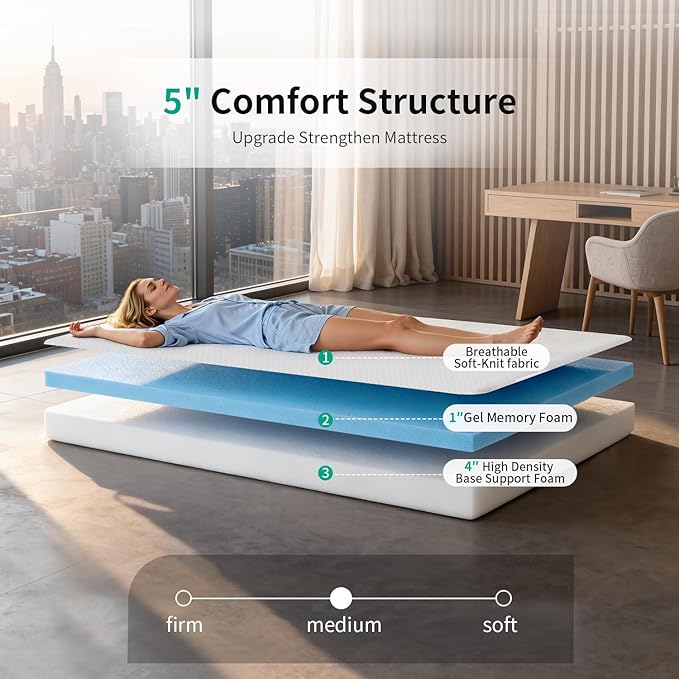FDW 5 Inch Twin Mattress, Medium Firm Gel Memory Foam, Cooling Ventilated Foam, Pressure Relief, White, Removable Washable Cover, Bed in a Box, CertiPUR‑US Certified