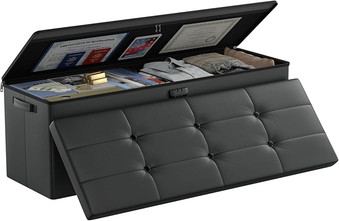 DocSafe Storage Ottoman Bench,Fireproof＆Waterproof Folding Bench with Lock(15”x 43”x15”),Leather Storage Chest with Handles＆2 Extra Boxes,Ottoman Safe for Bedroom,Living Room,Home Office,Black
