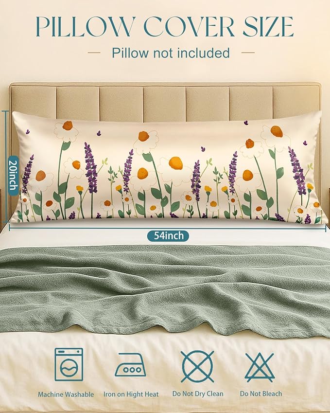 Miss Adola Silk Body Pillow Cover with Zipper - 20x54 Inch Silk Long Pillow Case for Women Ladies Adults Soft Bed Decorative Cute Boho Large Body Pillowcase Sham for Hair and Skin, Wild Floral