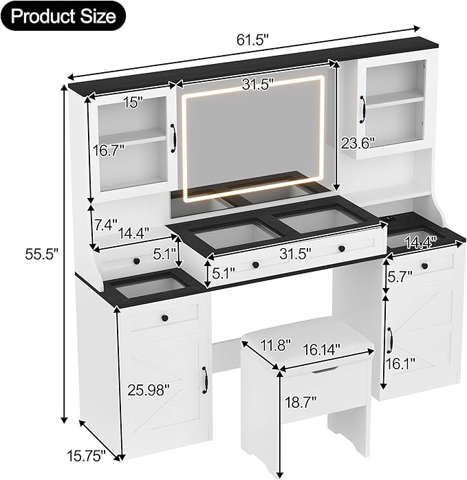 Farmhouse Vanity Desk with Mirror, 61.5" Makeup Vanity Table Set with Glass Visual Desktop and Cushion Stool, Dressing Table with 5 Drawers and 4 Cabinets for Bedroom