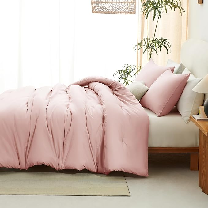 CozyLux Full Size Comforter Set Blush Pink, 3 Pieces Solid Breathable Quilted Bedding Sets, Luxury Lightweight Soft Bed Set with Down Alternative Comforter and 2 Pillowcases for All Seasons