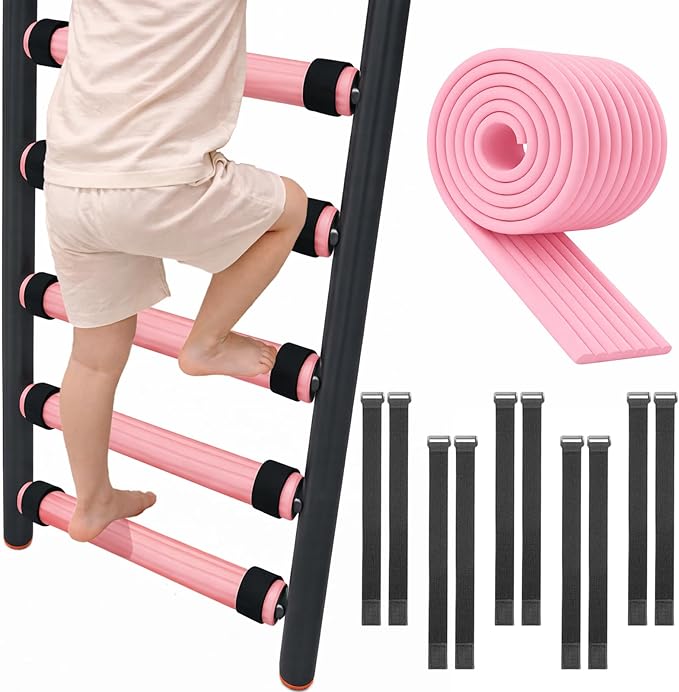 Bunk Bed Ladder Pads 6.5 Ft with 10 Adjustable Straps, Soft Foam Ladder Cover for Loft Bed, Cushioned Step Pads for Comfortable Climbing, Secure Fit, Pink