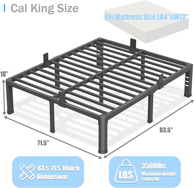 18 inch California King Bed Frame with Round Corner Legs and Headboard Hole Mattress Slide Stopper 3500 lbs Heavy Duty Metal Platform,Steel Slat Support,No Box Spring Needed,Easy Assembly,Noise Free