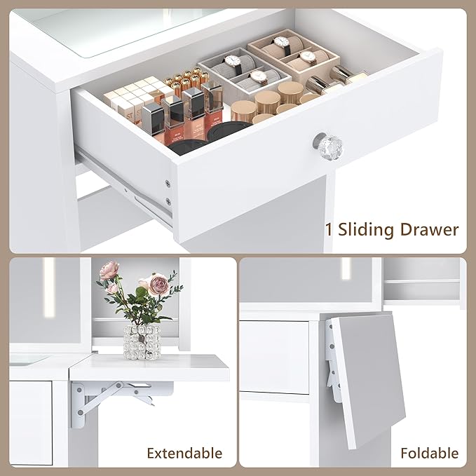 Einhomn Small Vanity Desk Set with Mirror and Lights, Glass Top Vanity with Storage, Compact Makeup Dressing Table with Stool and 2 Hidden Pull-Out Cabinets, for Bedroom, Saving Space, White