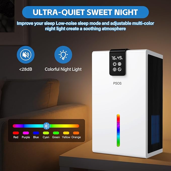 Dehumidifier, Dehumidifiers for Home, 98 OZ Water Tank, (1000 sq.ft) Quiet Dehumidifier for Basement Bathroom Bedroom with Humidity Display, Auto Shut Off, Relaxing 7 Color Ambient Light(White)