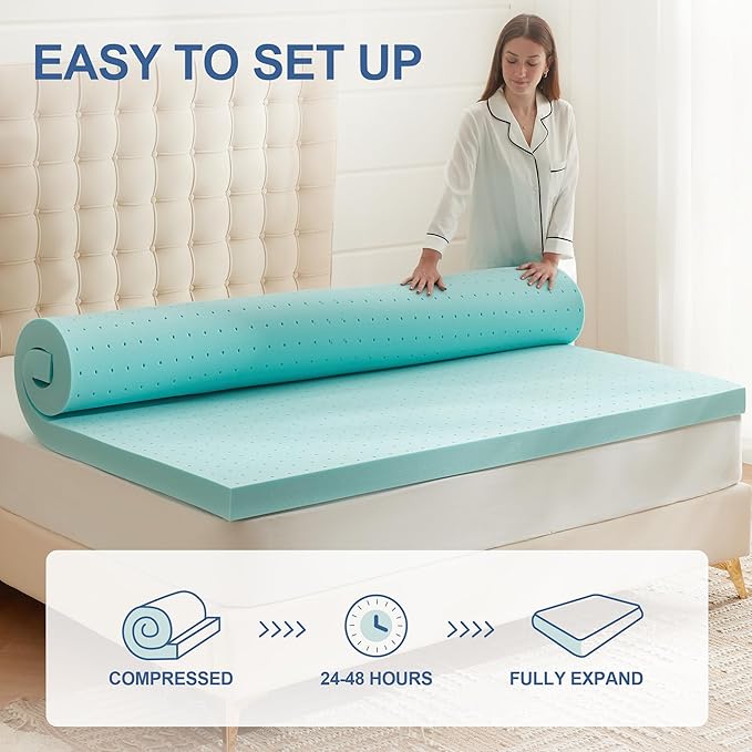 Eiayeebil 3 Inch Memory Foam Mattress Topper Queen, Mattress Pad Gel Infused Foam Bed Topper, Ventilated Soft Blue,Queen Size