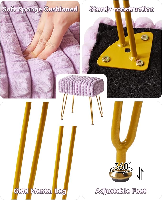 IBUYKE Rectangular Footrest Stool Ottoman, Makeup Vanity Stool Side Table, Velvet Dressing Table Seat, Footstool Chair, Golden Steel Legs, for Makeup Room, Bedroom, Square grid pattern, Purple WBD003V