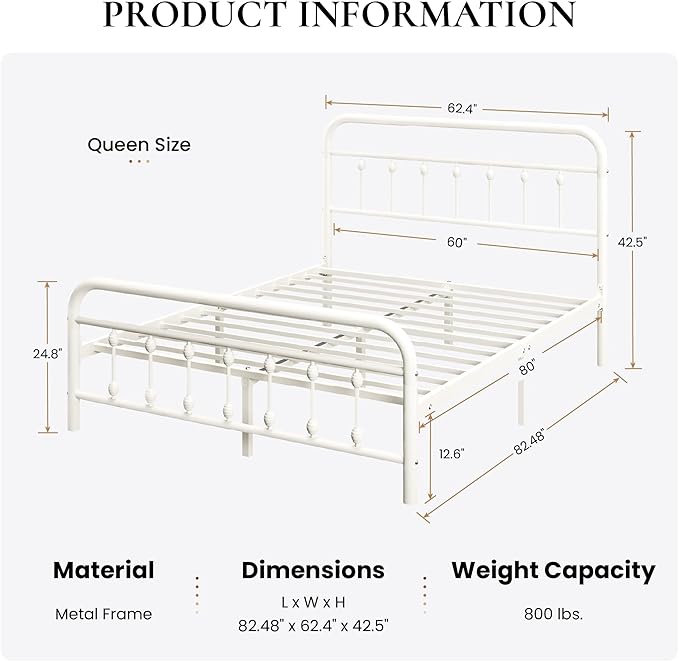 SHA CERLIN Queen Size Metal Platform Bed Frame with Victorian Style Iron-Art Headboard and Footboard, Easy Assembly, Under Bed Storage, No Box Spring Required, Off White