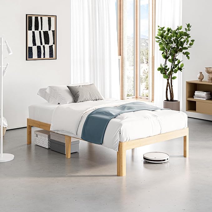 14 Inch High Bamboo Wood Twin XL Bed Frame Platform, Metal Slat Support XL Twin Bed Frame, No Box Spring Needed, Easy Assembly, Noise Free, Reinforced