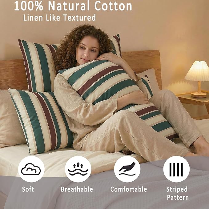 Merryword 100% Cotton Pillow Cases, Standard Size Pillowcases, Green Striped Pillowcases, Luxury Linen Like Pillowcase, Soft Breathable Cabana Stripes Pillow Covers, Set of 2