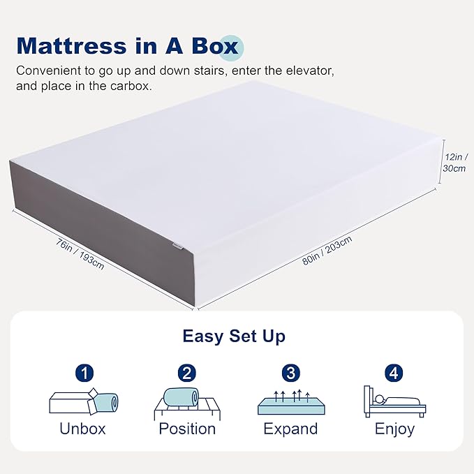 Amazon Basics Breathable Memory Foam Mattress, Medium Firm, 12 Inch, King, White/Grey, 80" L x 76" W