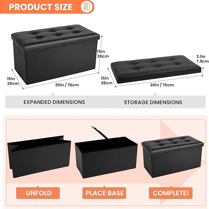 COSYLAND Ottoman Bench with Storage - 30x15x15in Folding Leather Ottoman, Rectangle Foot Stool Foldable Storage Chest Footrest Footstool Collapsible with Lid for Bedroom Living Room Pure Black