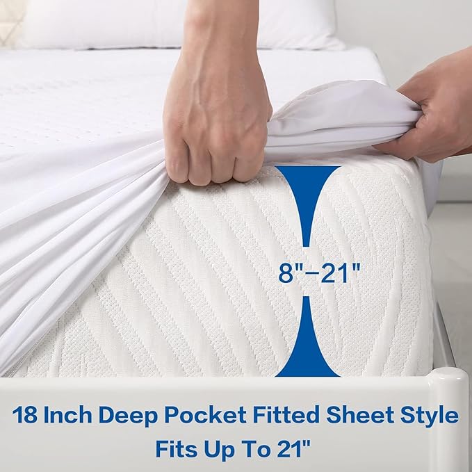 MERITLIFE Premium Waterproof Full Size Mattress Protector Double 4D Mattress Cover Cooling Breathable Mattress Pad Fitted Up 8"-21" Vinyl-Free Noiseless Washable (White,Full 54"x75")