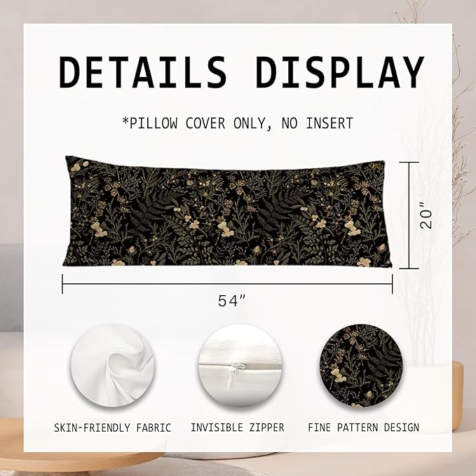 Moody Floral Botanical 20x54 Body Pillow Cover, Dark Aesthetic Room Decor, Rustic Dark Cottagecore Gold Plants Flower Botanical Decorative Long Body Pillow Cases for Bed Couch