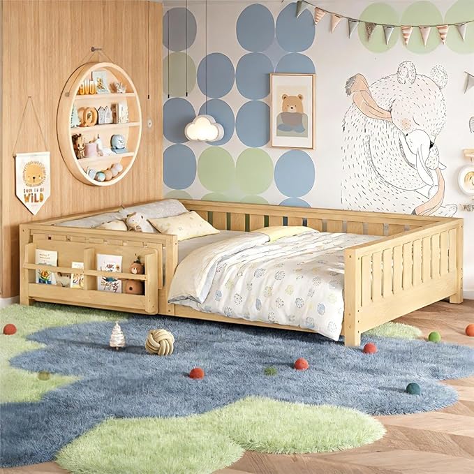Bellemave Queen Floor Bed Frame with Fence & Bookshelf, Solid Wood Montessori Floor Bed Frame Queen with Slats Load 550LBS, Low Floor Bed for Kids, Bedroom, Nursery, Easy Assembly, Natural