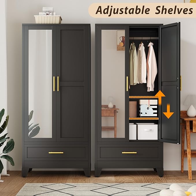 Metal Wardrobe Storage Cabinet with Mirror and Hanging Rod,71'' Metal Clothing Cabinet with 2 Doors and Drawer for Bedroom, Laundry Room, Cloak Room (Black)