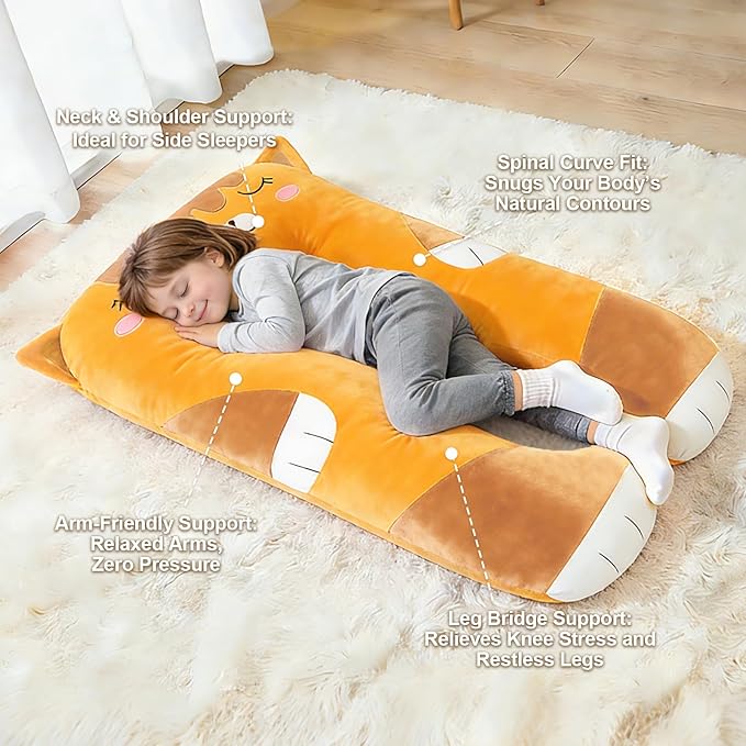 47x23 inch U Shaped Long Plush Body Pillows for Kids, Stuffed Animal Cat Soft Large Pillow for Sleeping, Big Cute Plushies, Washable Cover, Gift for Boys and Girls