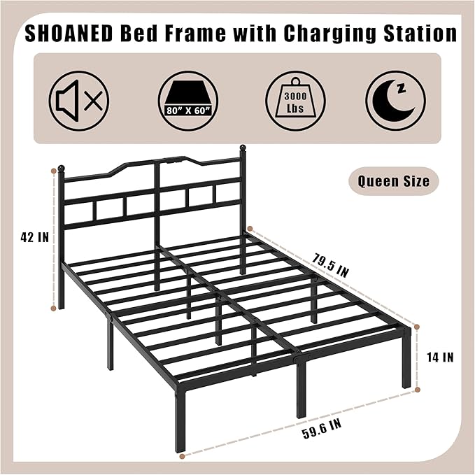 SHOANED Bed Frame with Charging Station - 14 Inch Queen Size Heavy Duty Metal Bedframe with Headboard Black Basic Steel Slats Platform No Box Spring Needed