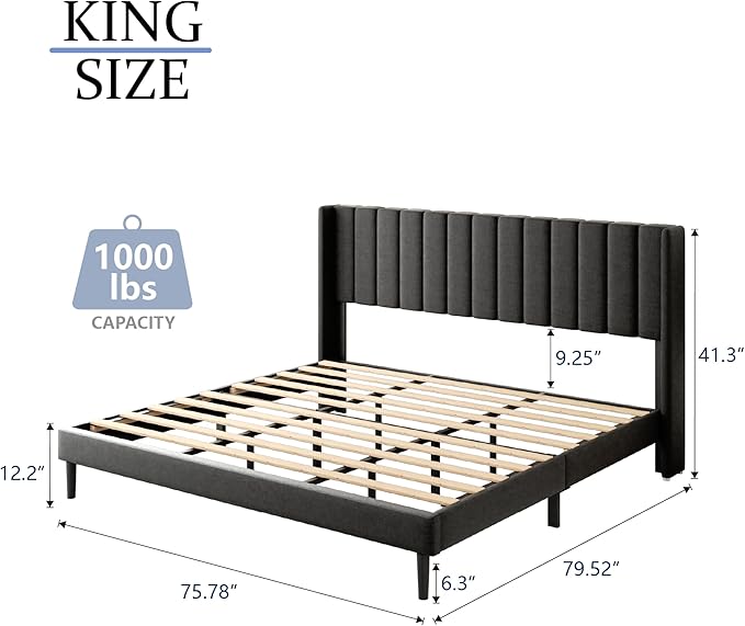 Gruwans King Size Bed Frame with Wingback Headboard, Upholstered Platform Bed, No Box Spring Needed, Sturdy Wooden Slat Support, Easy Assembly, Dark Gray