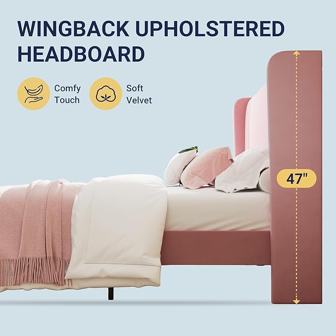 Allewie King Size Velvet Platform Bed Frame with Vertical Tufted Wingback Headboard, Easy Assembly, Under Bed Storage, No Box Spring Required, Modern Style, Pink