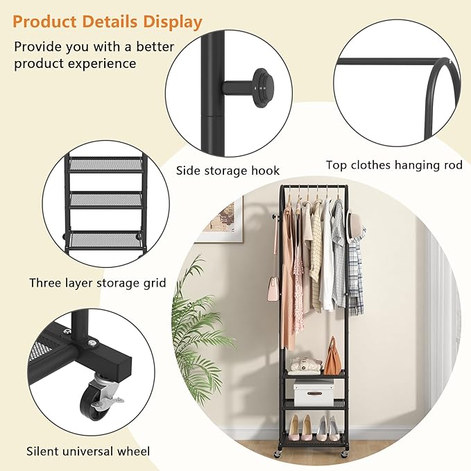 Kaitiemoo Heavy Duty Clothing Rack with Wheels,Modern Garment Rack with 3 Metal Shelves, 71.8Inches Display Rack for Hanging Clothes, Hanging Rod for Small Space,Black