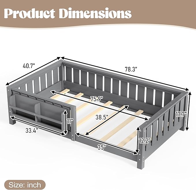 Bellemave Twin Size Kids Montessori Bed with Bookshelf,Solid Wood Twin Floor Bed Frame with Fence and Slats for Girls Boys,Low-Profile,Gray