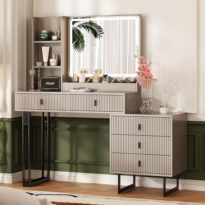 Ieejdn Large Vanity Desk with 3 Color Touch Screen Dimming Mirror, Vanity Desk with Charging Station, Modern Retractable Makeup Dressing Table, Makeup Table with Storage Shelves and 5 Sliding Drawers