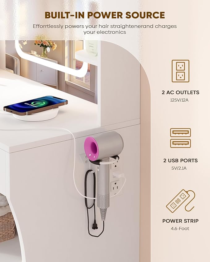 LIVELYGLOW Small Makeup Vanity Desk with Smart LED Mirror & Power Outlet, 29.5" White Vanity Table with Hairdryer Rack, 5 Storage Shelves & 2 Drawers, Compact Dressing Table for Small Spaces