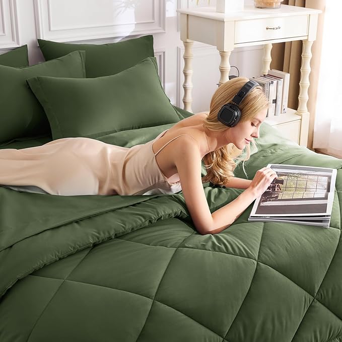 CozyLux Twin XL Comforter Set Olive Green - 5 Pieces Twin Extra Long Bed in a Bag for College Dorm, All Season Bedding Set for Girls and Boys, Soft Bed Set with Comforter, Sheets, Pillowcase & Sham