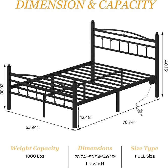Jenmit Full Size Bed Frame with Headboard,Metal Platform Bed Frame with Charging Station & LED Lights,12in Storage Space Under Bed, No Box Spring Needed, Noise Free, Easy Assembly, Black
