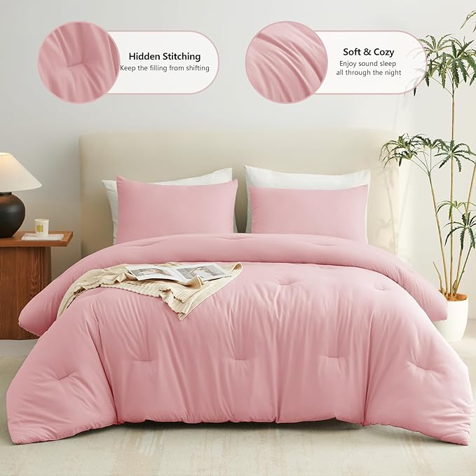 CozyLux Full Size Comforter Set Pink, 3 Pieces Solid Breathable Quilted Bedding Sets, Luxury Lightweight Soft Bed Set with Down Alternative Comforter and 2 Pillowcases for All Seasons