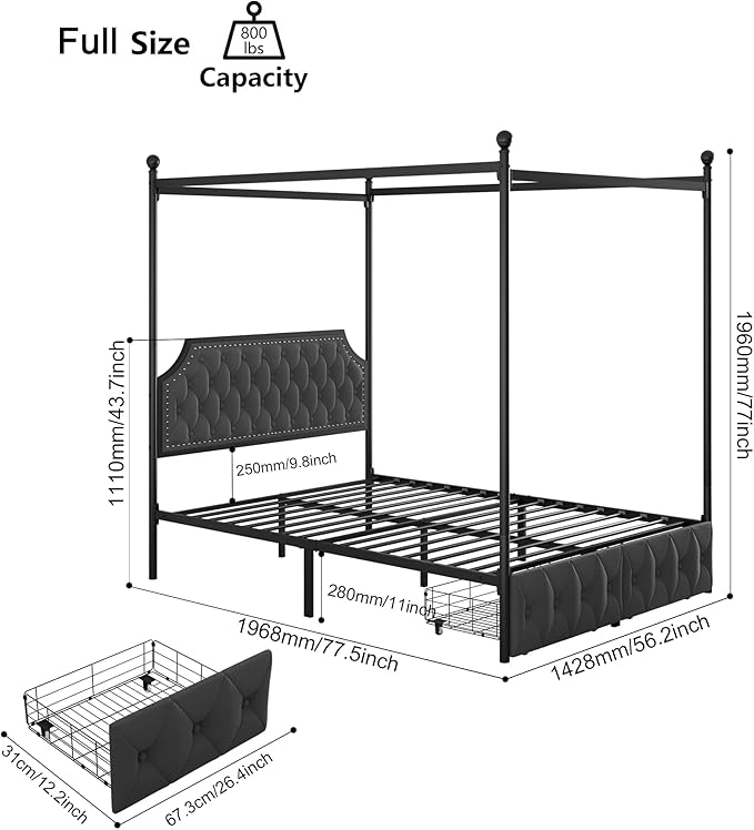 Keyluv Full Upholstered Canopy Bed Frame with 2 Storage Drawers & Button Tufted Headboard, Metal Platform Bed with 4 Removable Posts, Two-Purpose Velvet Bed, Dark Grey/Curtain Not Included