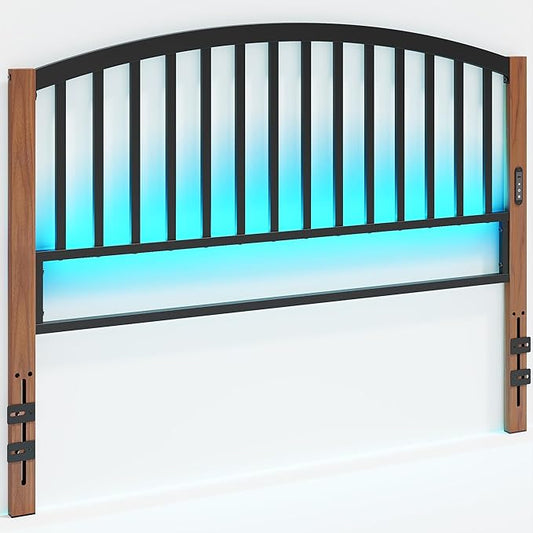 Weehom Headboard Queen Size with LED Light, USB & Type C Port and Touch & Remote Control, Adjustable Height Queen headboard only, Metal Bed Headboard with Vintage Cherry Wood Grain Legs