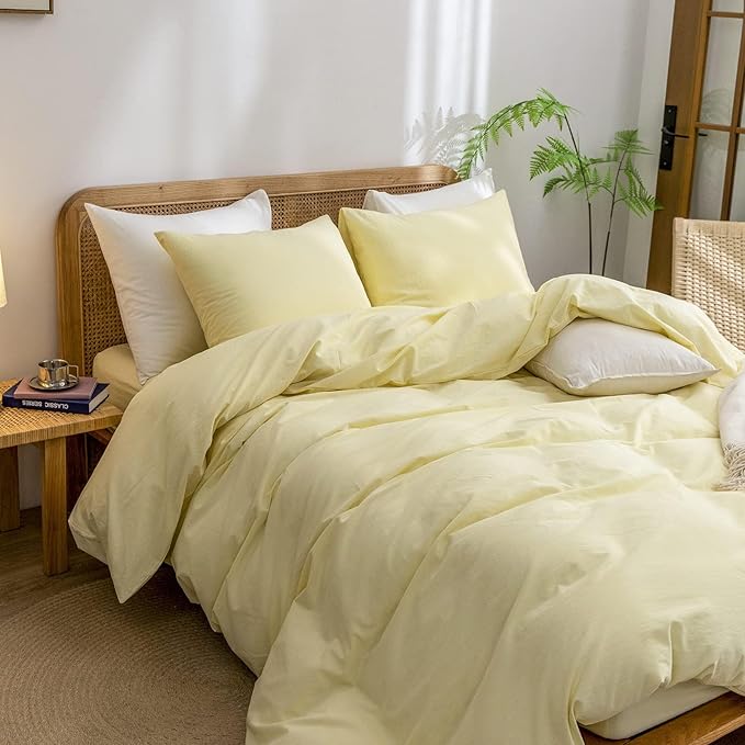 BESTOUCH Duvet Cover Set 100% Washed Cotton Linen Feel Super Soft Comfortable Chic Lightweight 3 PCs Home Bedding Set Solid Light Yellow Alaska King