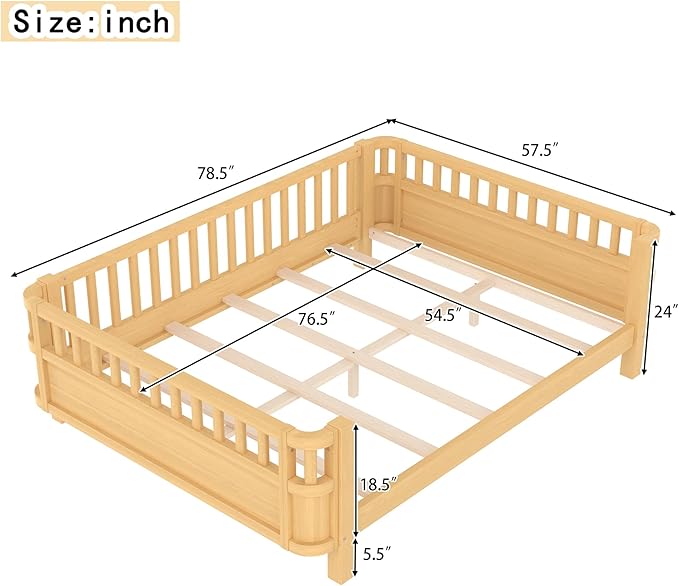 Bellemave Full Size Montessori Bed with Fence and Slats, Full Size Low Platform Bed Frame with Detachable Side Bed Rails and Rounded Corner Design, Easy Assemble Montessori Bed Natural