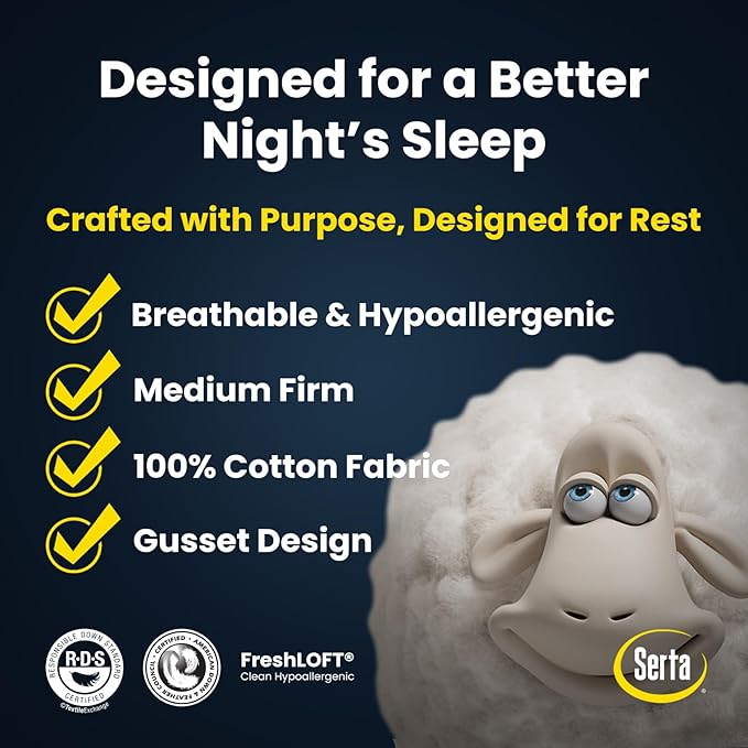 Serta Hotel Collection Pillows Queen Size Set of 2 White Goose Feather Down Fiber Gusseted 100% Cotton Pillow for Back, Stomach or Side Sleepers