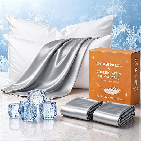 BHZ Grey Satin Goose Down Feather Pillows King Size Set of 2 with Satin Pillowcase for Hair and Skin, Cooling Pillow Cases Similar to Silk Pillow Cases, Decorative for Women, Mom Men