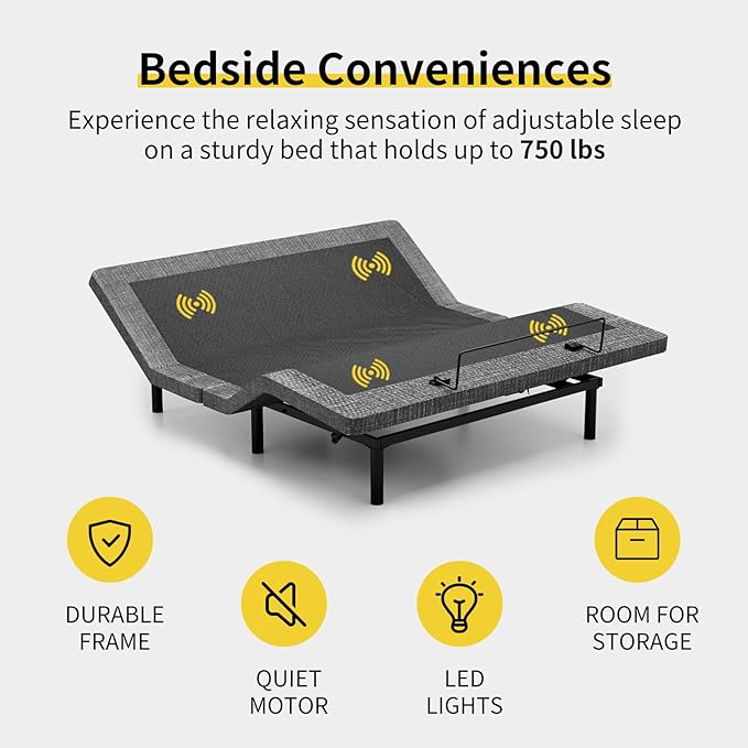 MULIN Queen Massage Adjustable Bed Frame, 6-Mode Vibration Massage with Timer, Head/Foot Ergonomic Incline, 2 USB, Preset Positions, Chrome Storage Shelf