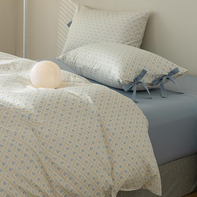 mixinni Blue Floral Duvet Cover Twin Size- 3 Piece Cottagecore Bedding Set with Bow Ties & Zipper Closure, 100% Cotton Soft Aesthetic Comforter Cover for Girls, Lightweight Breathable Country Style