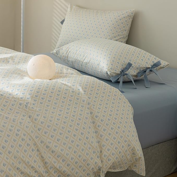 mixinni Blue Floral Duvet Cover Set King - 3 Piece Cottagecore Bedding Set with Bow Ties & Zipper Closure, 100% Cotton Soft Aesthetic Comforter Cover for Girls, Lightweight Breathable Country Style