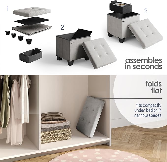 Storage Ottoman Cube with Small Bin, 15-in Square Ottoman with Storage for Living Room and Bedroom, Small Ottomans Foot Rest, Velvet Foot Stools Ottomans Max 330lbs, Light Grey