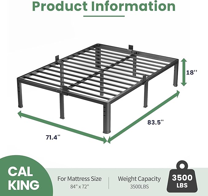 NKZ 18 Inch Metal Platform Bed Frame, California King Size Bed Frame with Round Corner Legs, 3,500 lbs Heavy Duty Steel Slats Support, No Box Spring Needed, Easy Assembly, Noise Free