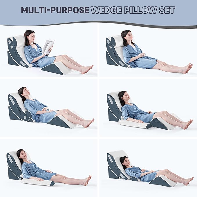 Yojoker 4PCS Orthopedic Bed Wedge Pillow Set for Sleeping, Post Surgery Foam Pillow for Body, Back and Leg Pain Relief, Triangle Adjustable Support Pillow - Acid Reflux Sleeping Pillows Navy