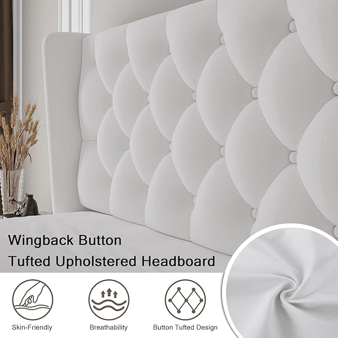 Einhomn Full Size Platform Bed Frame with Velvet Upholstered Wingback Headboard, 11" Under Bed Space, Wooden & Metal Slats Support, No Box Spring Needed, White