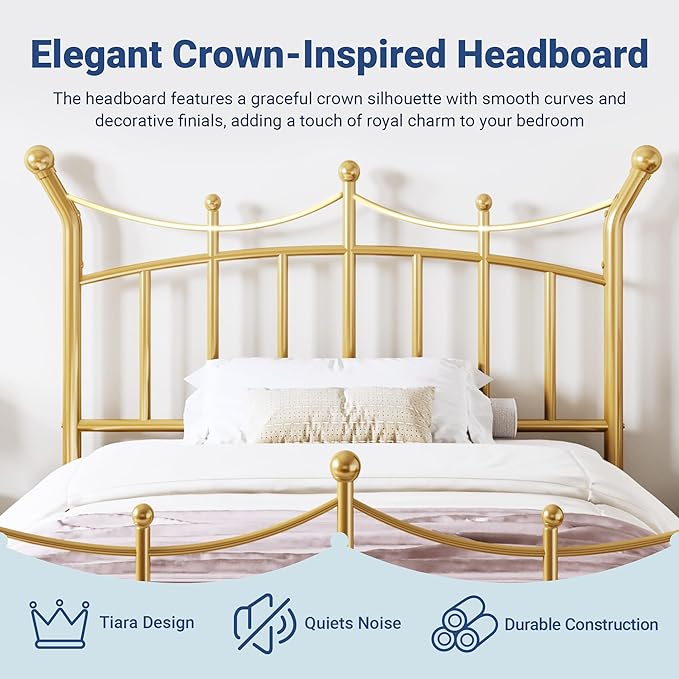 Allewie 14 Inches Twin Size Metal Platform Bed Frame with Elegant Crown Iron-Art Headboard & Footboard, Sturdy Mattress Foundation with Under-Bed Storage, Easy Assembly, No Box Spring Needed, Gold