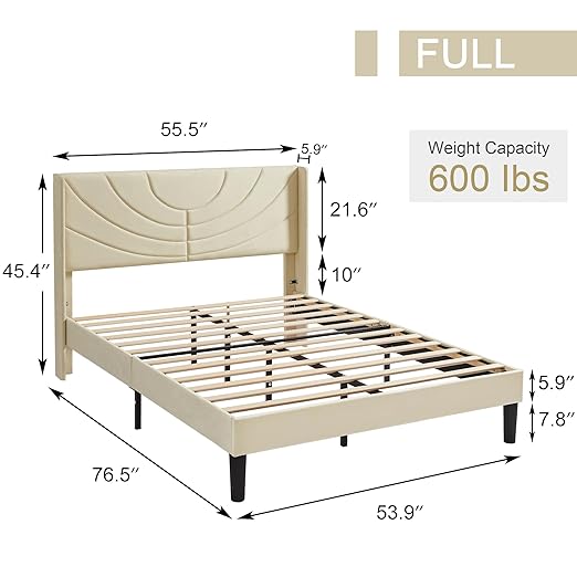 VECELO Upholstered Platform Full Bed Frame with Fabric Headboard,Wooden Slats Support/No Box Spring Needed/Mattress Foundation,Beige