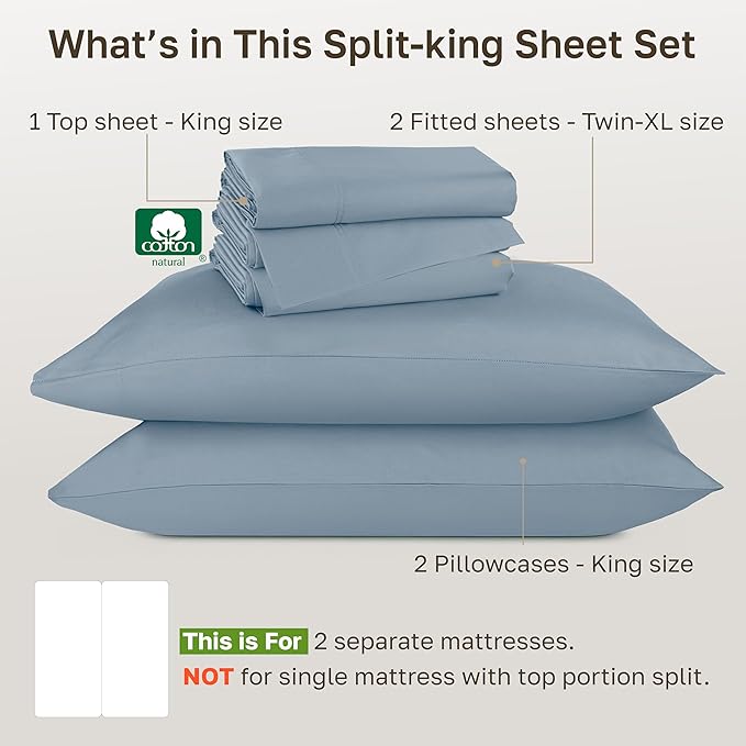 California Design Den Split King Sheets Sets for Adjustable Bed - Buttery Soft 800 Thread Count 100% Cotton Set, Sateen Bedding Set with Durable Twin XL Fitted Sheets - Dusty Blue