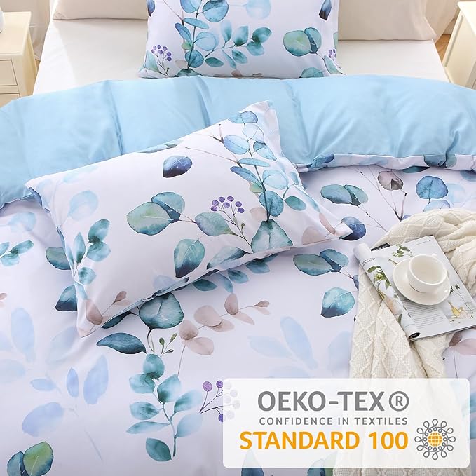 MUXHOMO Duvet Cover Full Size, Reversible Floral Blue Duvet Cover Set with Zipper Closure, 3 Pieces Botanical Patterns Soft Microfiber Bedding Set with 4 Ties (80"x90", 2 Pillow Cases)