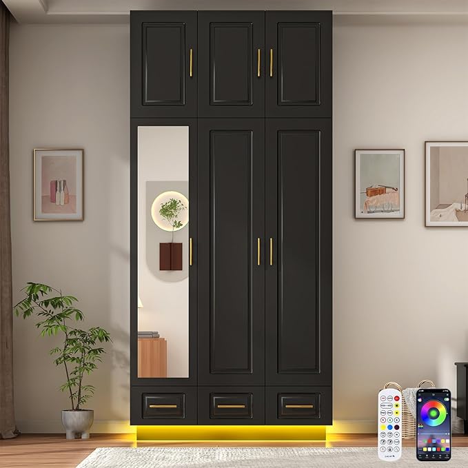 Hlivelood Large Armoire Wardrobe Closet Cabinet with Drawers and LED Lights, Multi-Tier Shelves, Hanging Rod, Large Capacity Storage 3 Door Wardrobe Armoire with Top Cabinet for Bedroom, Black